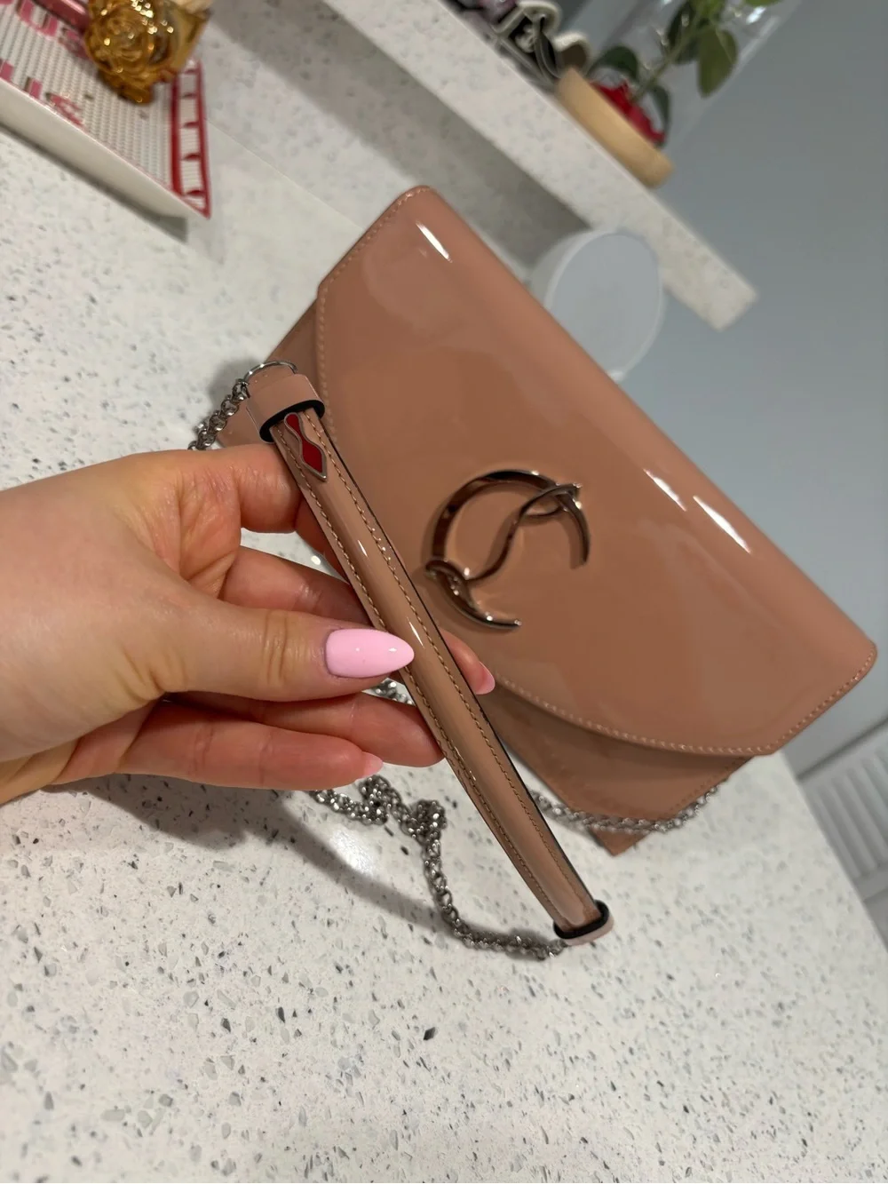 Christian Louboutin Blush Patent Leather Clutch with Removable Chain